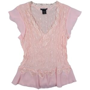 Sunny Taylor Y2K Blouse Womens L Pink Sheer Chiffon Lace Feminine Coquette Girly